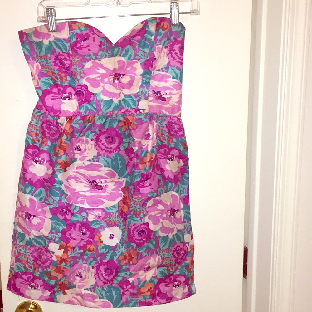 Pink floral strapless dress